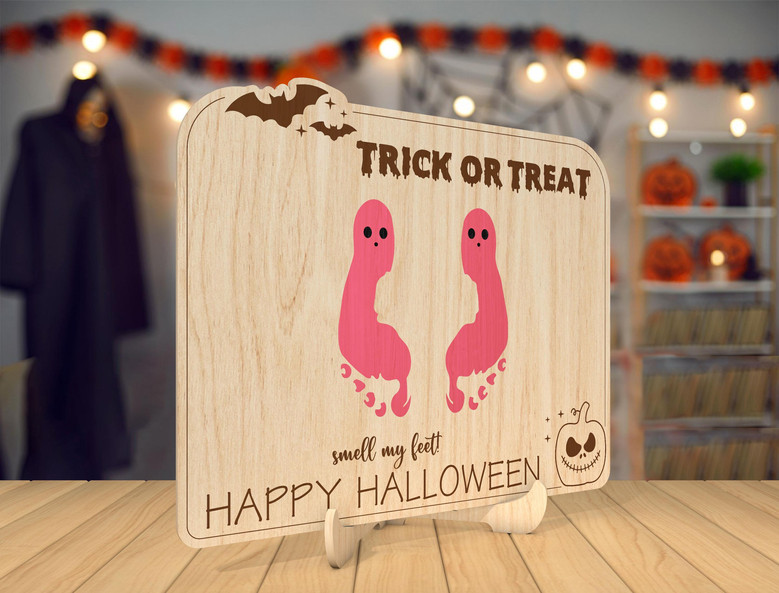 Custom First Halloween Footprint Wood Sign For Kids - Touching Gift