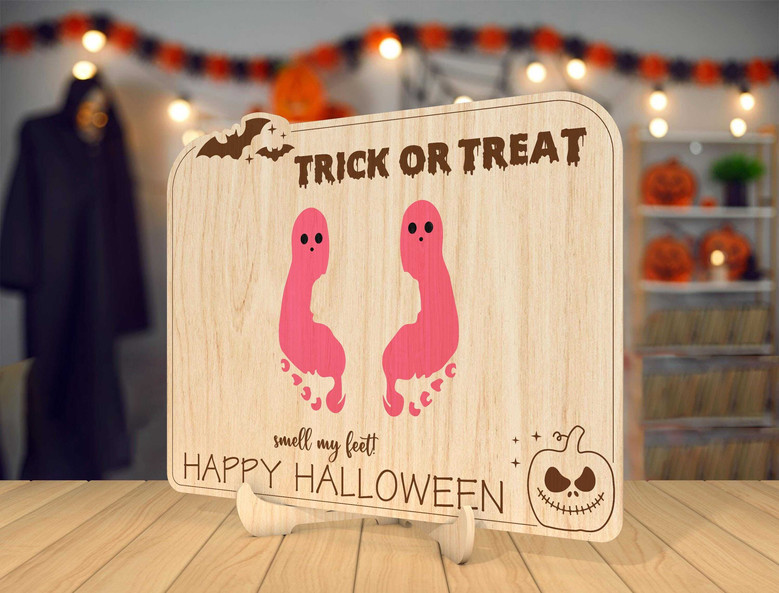 Custom First Halloween Footprint Wood Sign For Kids - Touching Gift