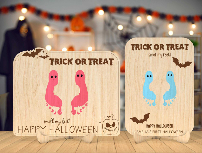 Custom First Halloween Footprint Wood Sign For Kids - Touching Gift