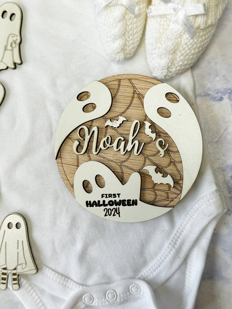 Personalized Baby's First Halloween Wooden Sign - Pumpkin Ghost Design - Thoughtful Nursery Decor
