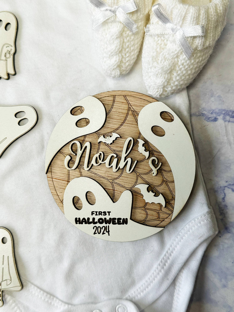 Personalized Baby's First Halloween Wooden Sign - Pumpkin Ghost Design - Thoughtful Nursery Decor