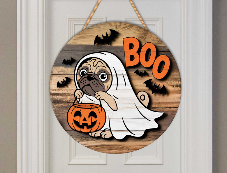 Funny Ghost Dog Trick Or Treat Pug Wood Sign - Halloween Pet Decor For Fall