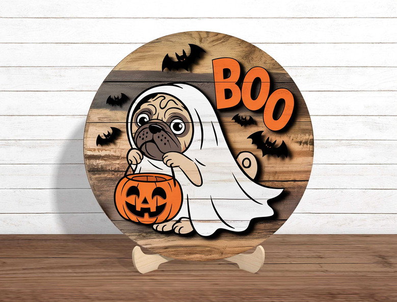 Funny Ghost Dog Trick Or Treat Pug Wood Sign - Halloween Pet Decor For Fall