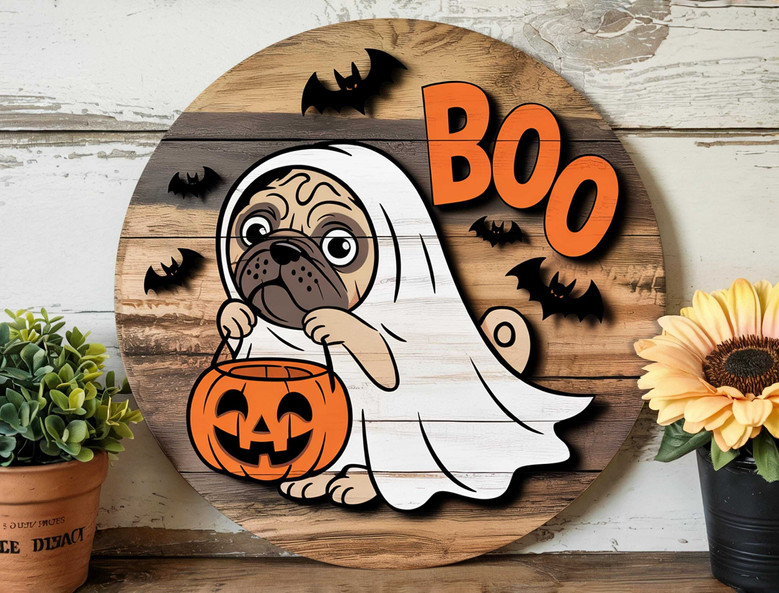 Funny Ghost Dog Trick Or Treat Pug Wood Sign - Halloween Pet Decor For Fall