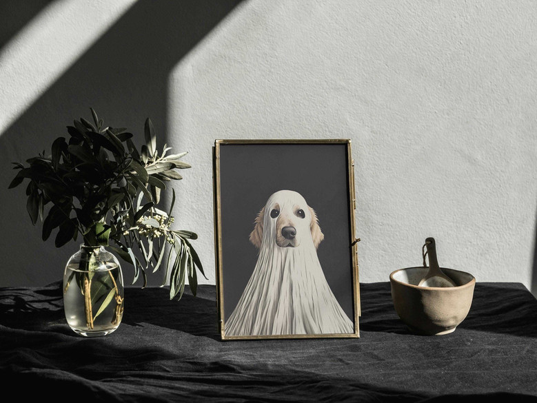 Personalized Ghost Dog Wall Art Canvas - Golden Retriever In Ghost Costume For Halloween Home DéCor