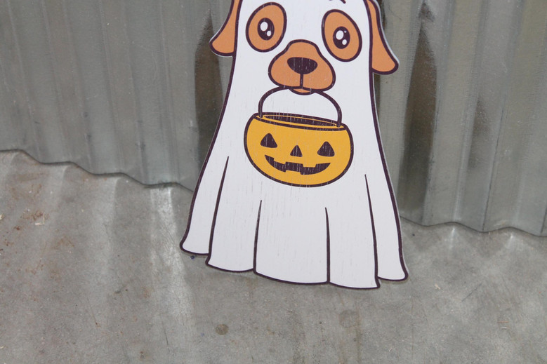 Halloween Ghost Dog UV Wood Sign - Cute Labrador Golden Retriever Jack-O'-Lantern Window Hanging Decoration