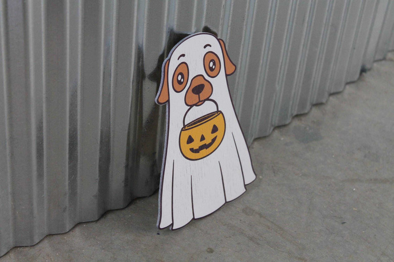 Halloween Ghost Dog UV Wood Sign - Cute Labrador Golden Retriever Jack-O'-Lantern Window Hanging Decoration