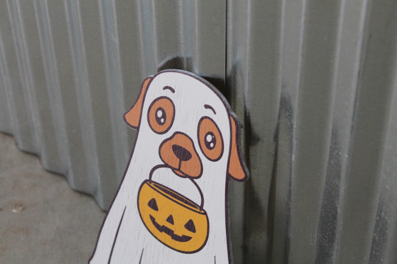 Halloween Ghost Dog UV Wood Sign - Cute Labrador Golden Retriever Jack-O'-Lantern Window Hanging Decoration