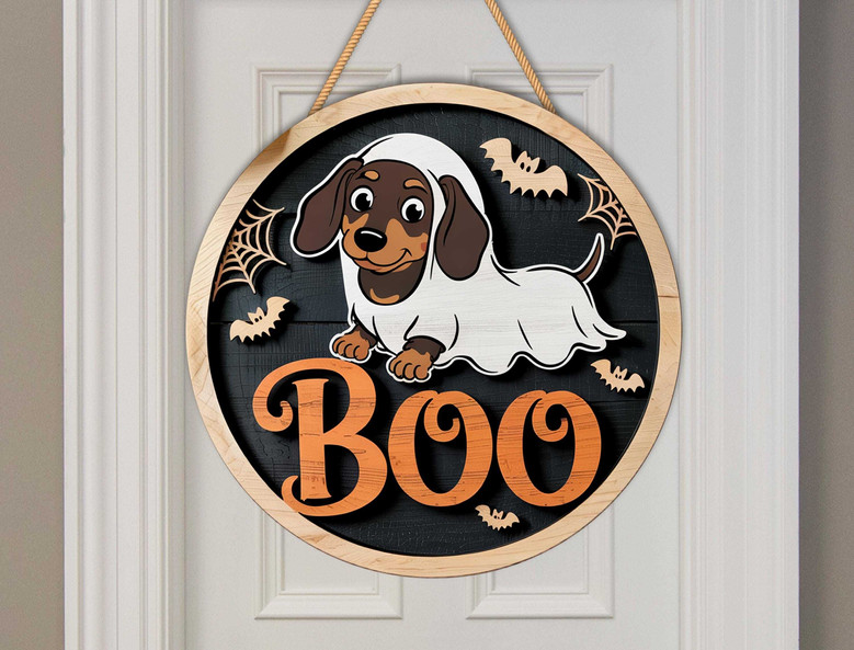 Spooky Ghost Dog Wooden Door Hanger - Dachshund Halloween Decor For Pet Lovers