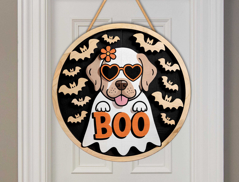 Cute Ghost Dog Wooden Sign With Heart Glasses For Fall Porch Decor - Funny Halloween Wall Art