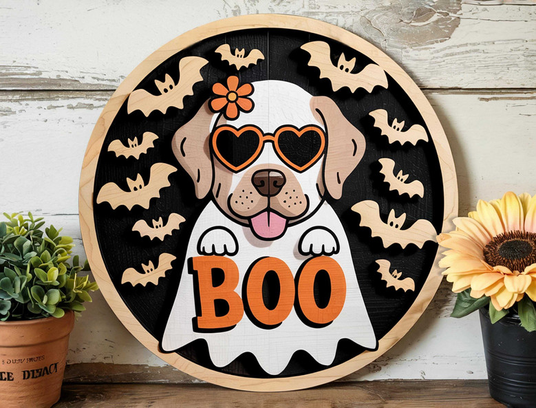 Cute Ghost Dog Wooden Sign With Heart Glasses For Fall Porch Decor - Funny Halloween Wall Art