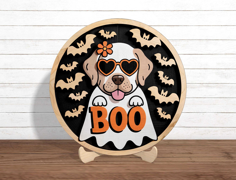 Cute Ghost Dog Wooden Sign With Heart Glasses For Fall Porch Decor - Funny Halloween Wall Art