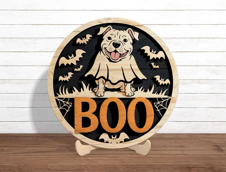 Spooky Ghost Dog Pit Bull Halloween Door Sign - Funny Pet Decor
