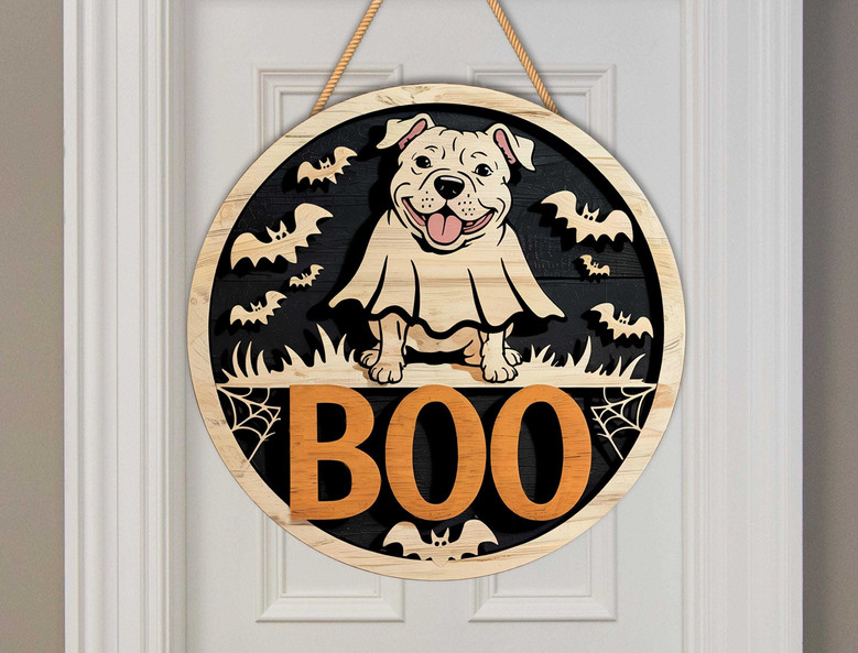 Spooky Ghost Dog Pit Bull Halloween Door Sign - Funny Pet Decor