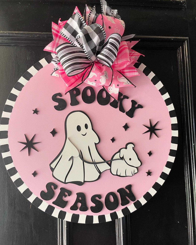 Whimsical Ghost Dog Pink Wood Sign For Halloween Door Decoration - Spooky Yet Sweet Pink Halloween Decor