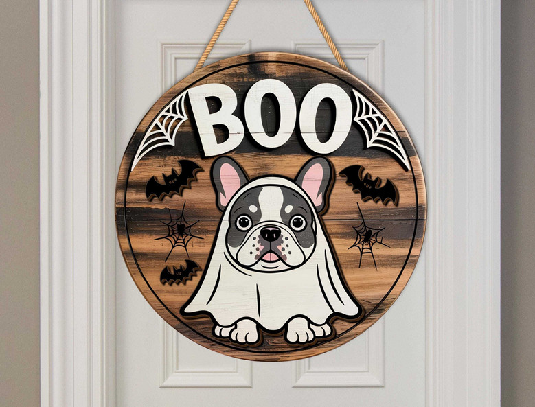Ghost Dog Wooden Sign For Halloween - Dog Lover's Spooky Fall Wall Decor With Bats And Spiderwebs
