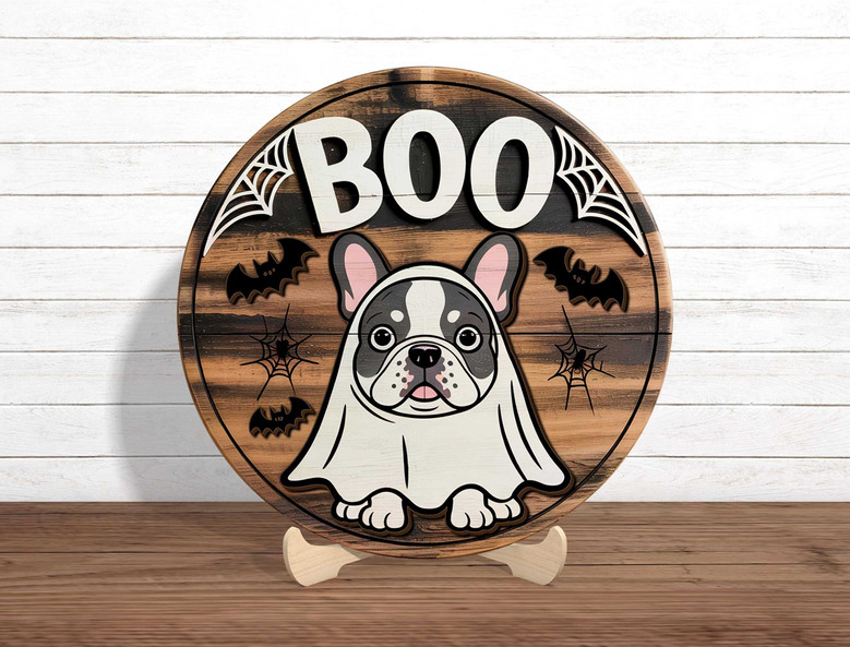 Ghost Dog Wooden Sign For Halloween - Dog Lover's Spooky Fall Wall Decor With Bats And Spiderwebs