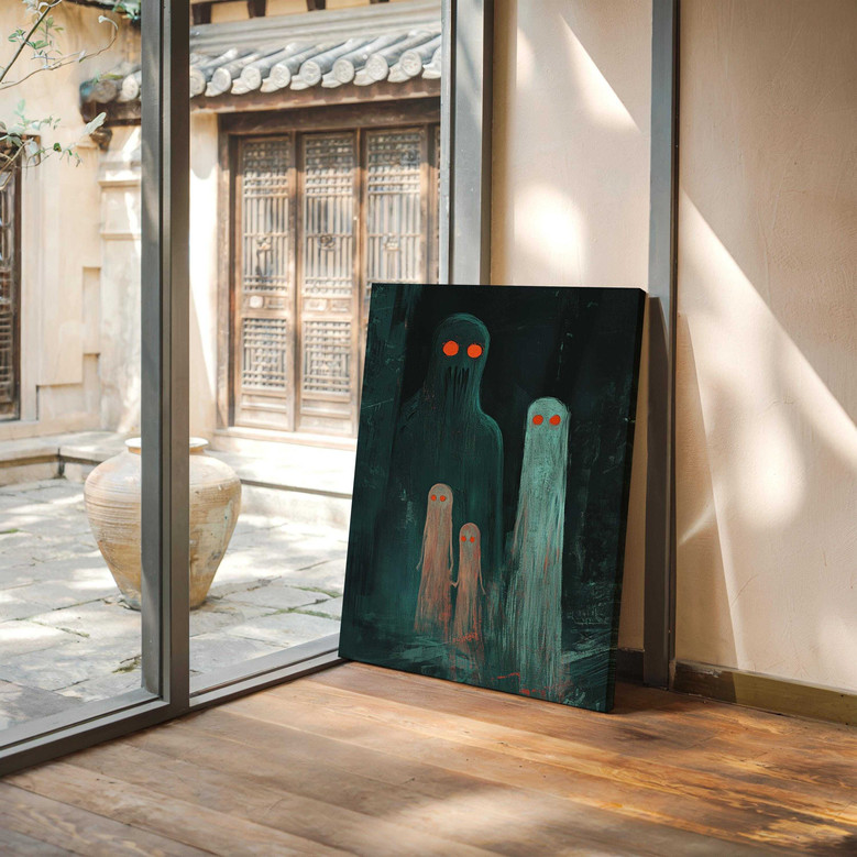Eerie Ghost Family Canvas - Moody Style Halloween Wall Art For Spooky Home Decor