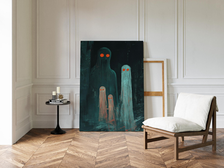 Eerie Ghost Family Canvas - Moody Style Halloween Wall Art For Spooky Home Decor