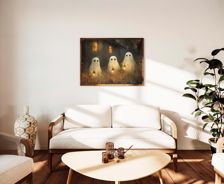 Ghost Family Canvas For Halloween - Vintage Haunted House Art Decor