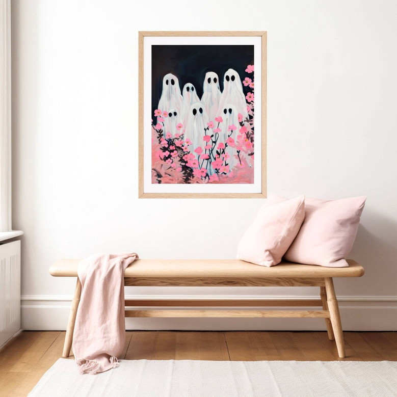 Ghost Family Canvas With Pink Flowers - Spooky Cute Wall Art For Girl's Magical Room