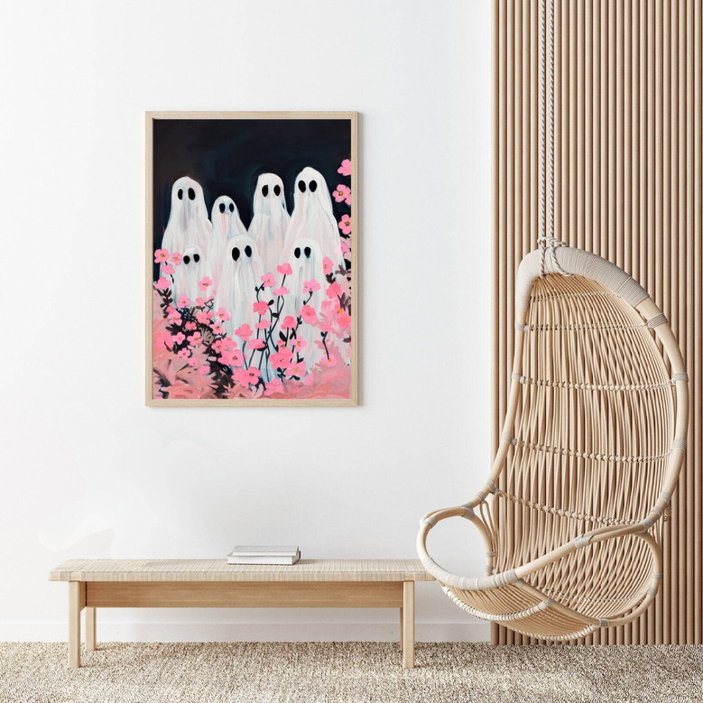 Ghost Family Canvas With Pink Flowers - Spooky Cute Wall Art For Girl's Magical Room