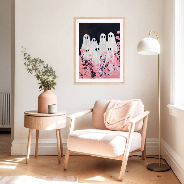 Ghost Family Canvas With Pink Flowers - Spooky Cute Wall Art For Girl's Magical Room