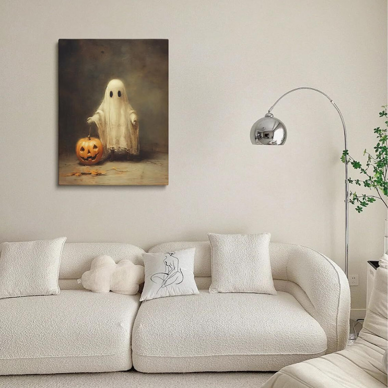 Cute Ghost With Pumpkin Canvas For Dark Academia Halloween Party DéCor
