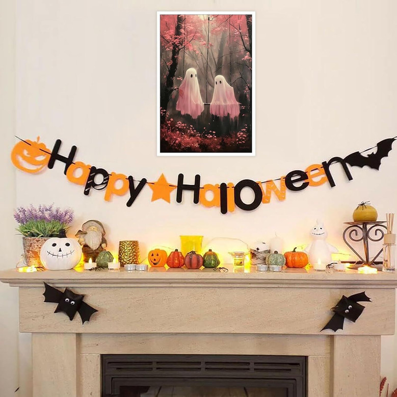 Ghost Halloween Canvas: Cute Ghosts On Swing - Retro Surreal Wall Art For Bedroom And Dorm Decor