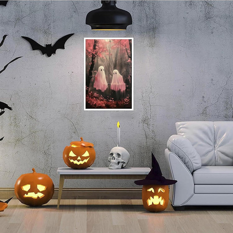 Ghost Halloween Canvas: Cute Ghosts On Swing - Retro Surreal Wall Art For Bedroom And Dorm Decor