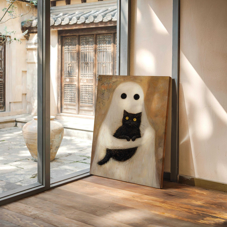 Black cat Halloween canvas wall art, portrait canvas with orange and black palette, gothic accent for seasonal mantel decor