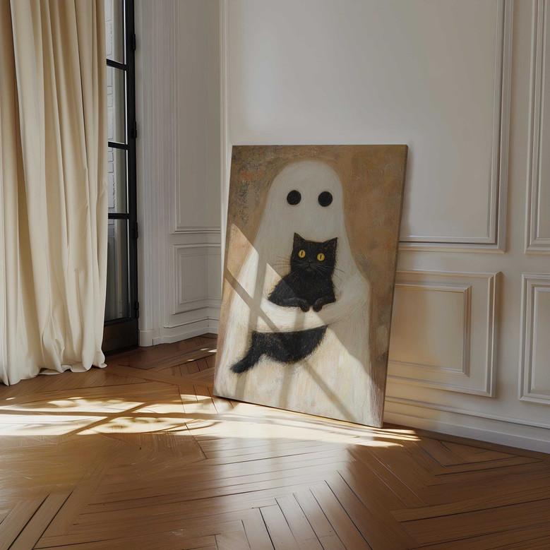 Black cat Halloween canvas wall art in dark gothic aesthetic, thoughtful spooky season gift for cat lovers and friends