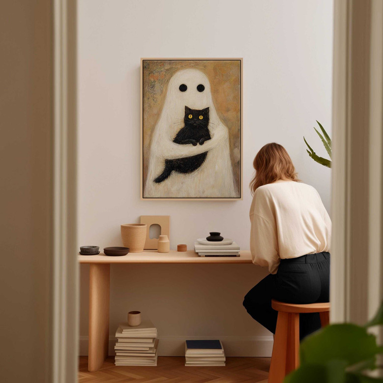 Black cat Halloween canvas wall art with vintage gothic vibe and night sky backdrop, seasonal wall decor for apartment