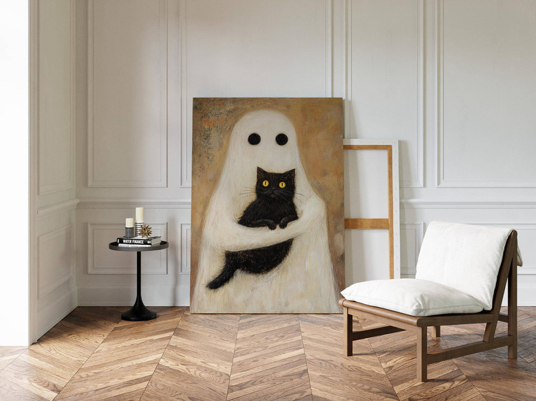 Black cat Halloween canvas wall art in gothic style, moonlit night scene, spooky season decor for entryway or living room