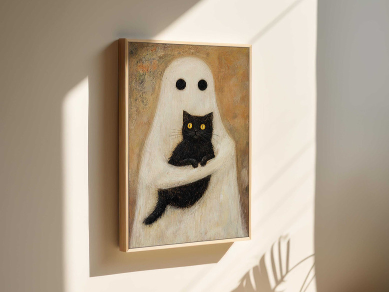 Black cat Halloween canvas wall art, landscape design in monochrome tones, minimalist gothic touch for spooky hallway decor