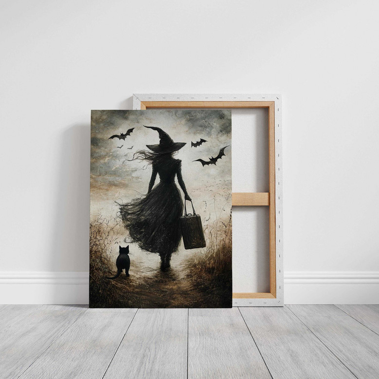 Halloween witches canvas wall art, square in orange and black with witch silhouettes by bonfire, ideal for Halloween decor