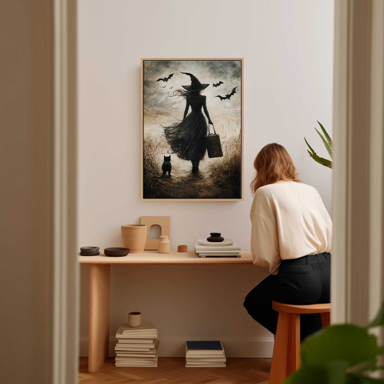 Halloween witches canvas wall art, panoramic horizontal with stormy sky and coven gathering, a spooky gift for goth friends