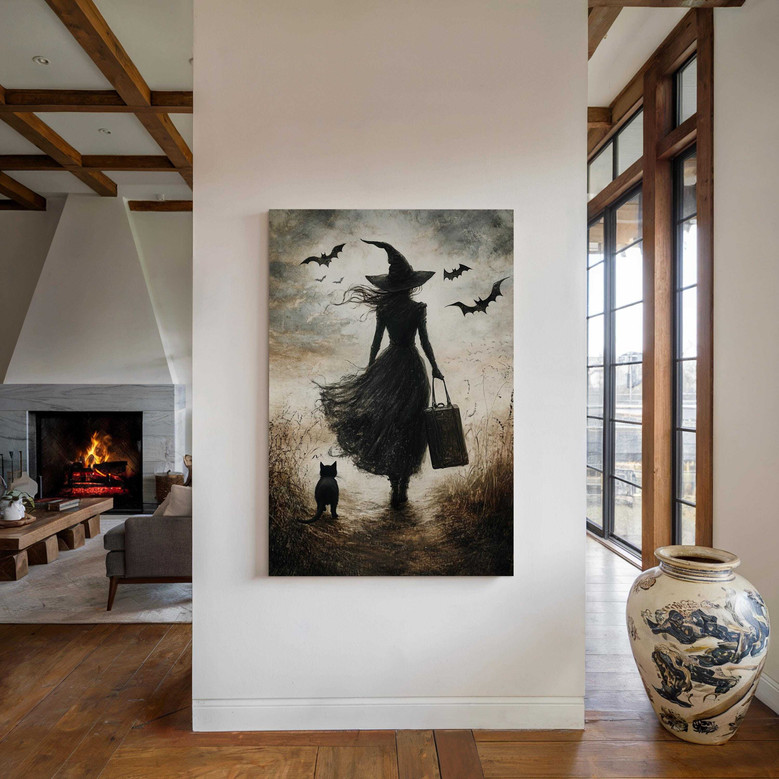 Halloween witches canvas wall art in deep purples, dark watercolor scene with candles and sigils, evocative for altar decor