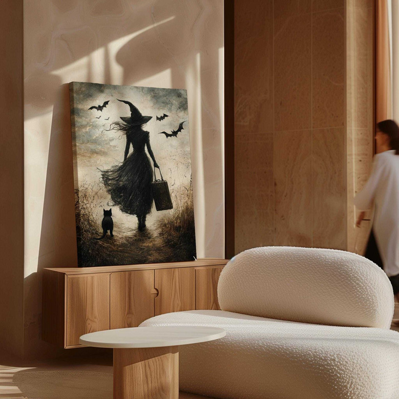 Halloween witches canvas wall art, portrait in sepia with vintage etching of witch, cauldron, and black cat for moody study