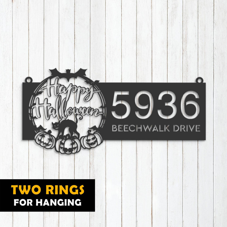 Personalized Halloween Metal Address Sign With Black Cat And Pumpkins - Custom Yard Plaque For Outdoor DéCor