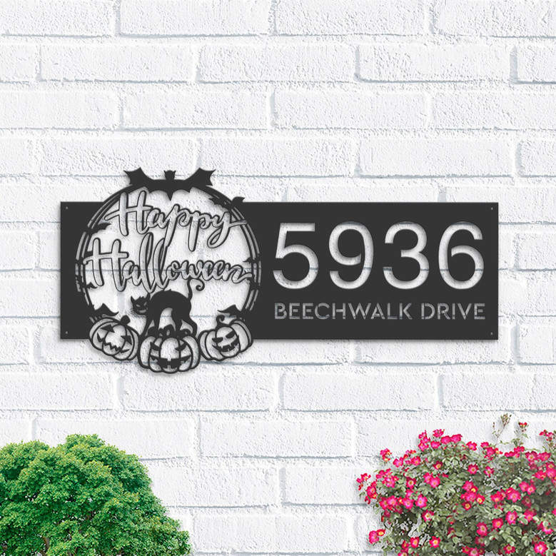 Personalized Halloween Metal Address Sign With Black Cat And Pumpkins - Custom Yard Plaque For Outdoor DéCor