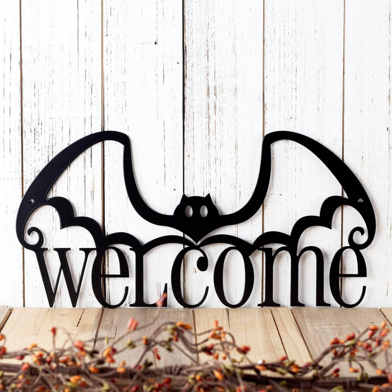 Personalized Halloween Bat Welcome Outdoor Metal Sign - Perfect For Spooky Wall Decor