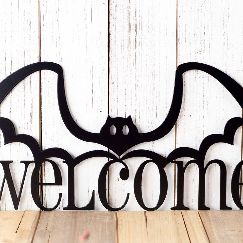 Personalized Halloween Bat Welcome Outdoor Metal Sign - Perfect For Spooky Wall Decor