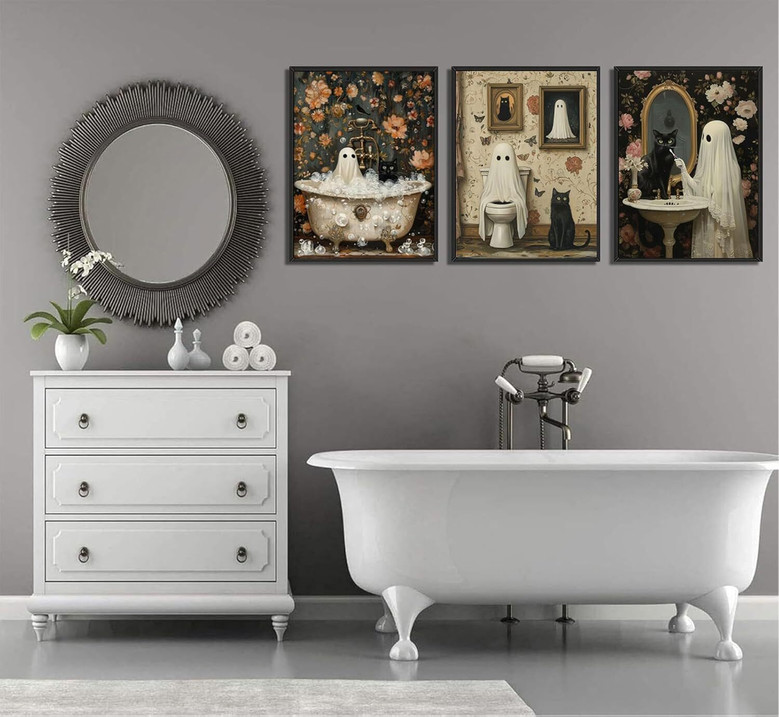 Ghost Halloween Canvas Funny Art For Bathroom Retro Gothic Style
