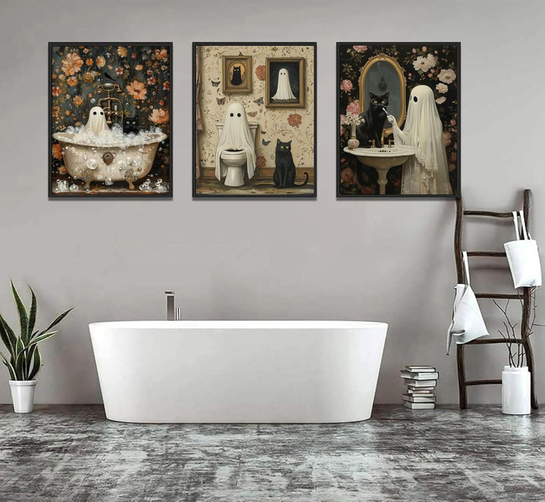 Ghost Halloween Canvas Funny Art For Bathroom Retro Gothic Style