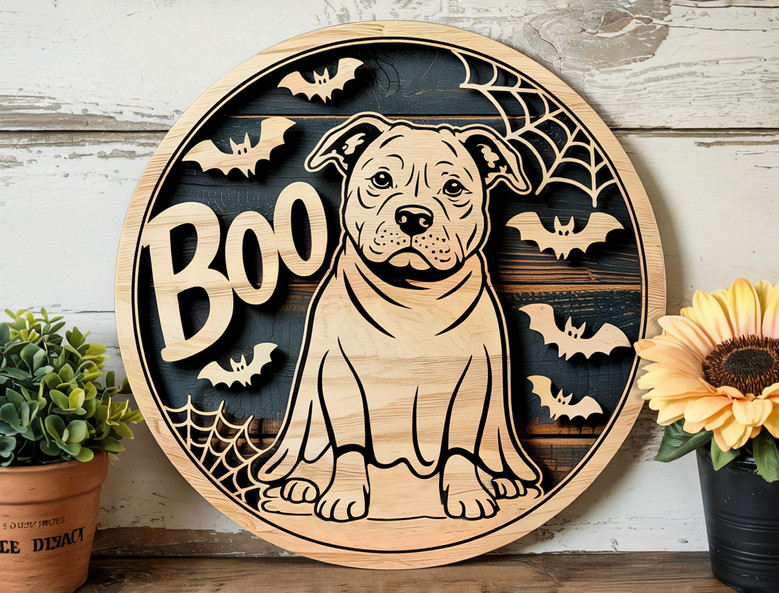 Funny Halloween Ghost Dog Wooden Decor | Pitbull Scary Fall Porch Sign | Boo Ghost Costume Theme