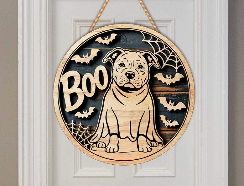 Funny Halloween Ghost Dog Wooden Decor | Pitbull Scary Fall Porch Sign | Boo Ghost Costume Theme