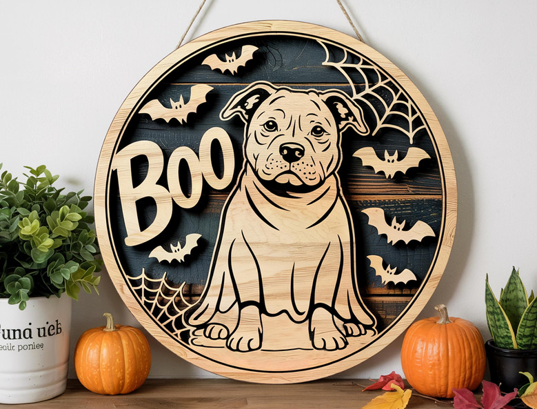 Funny Halloween Ghost Dog Wooden Decor | Pitbull Scary Fall Porch Sign | Boo Ghost Costume Theme