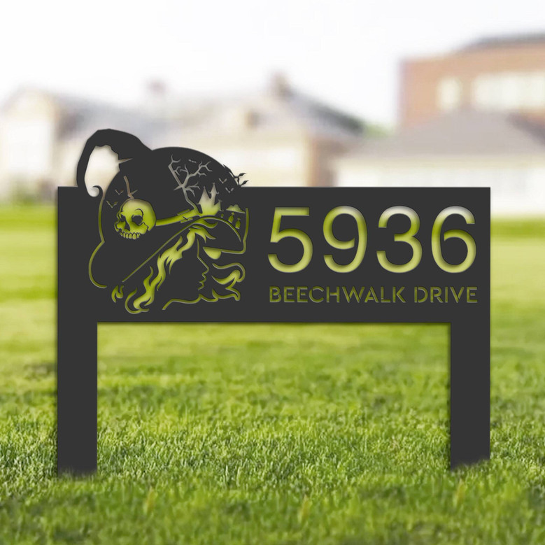 Personalized Halloween Address Sign - Witch Haunted House Outdoor Metal Plaque For Yard