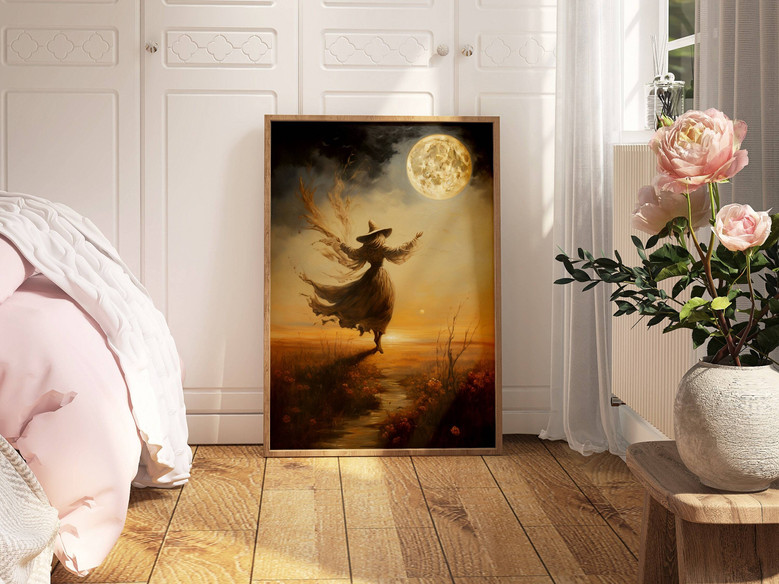 Mystical Moon Halloween Witch Canvas Art For Enchanting Home DéCor - Vintage Ethereal Design